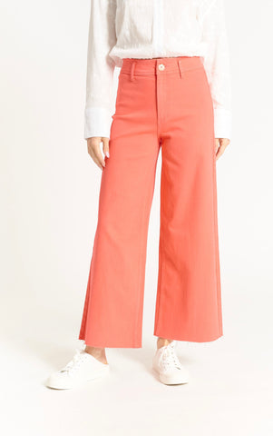 HIGH RISE WIDE LEG WITH RAW HEM PANTS-RADIANT RED