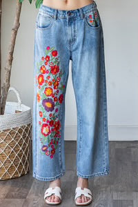 Washed Flower Embroidery Jeans