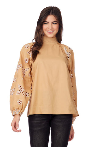Tan Emilia Eyelet Top