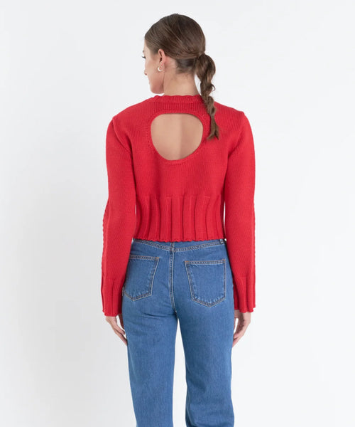 Open Back Cropped Sweater-Red