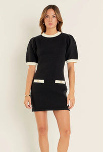Contrast Rib Detailed Mini Dress-Black/White