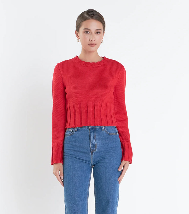 Open Back Cropped Sweater-Red
