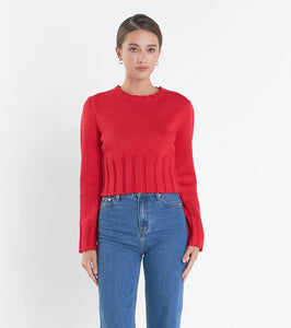 Open Back Cropped Sweater-Red