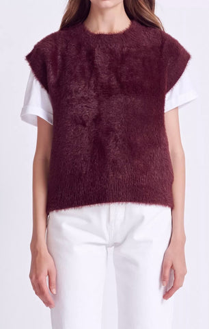 Feather Plush Knit Vest-Dark Brown