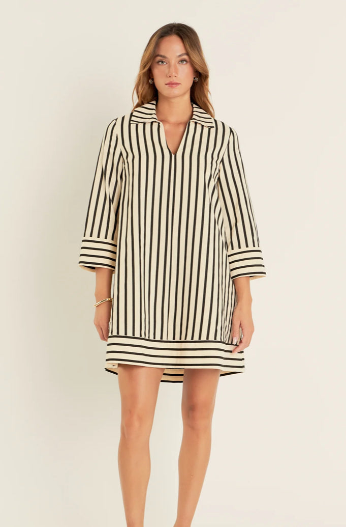 Stripe Collared Mini Dress-Beige/Black