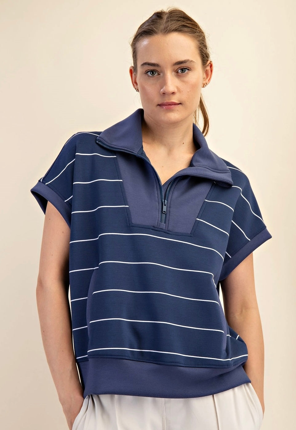 Modal Poly Stripe Zip Pullover-Navy