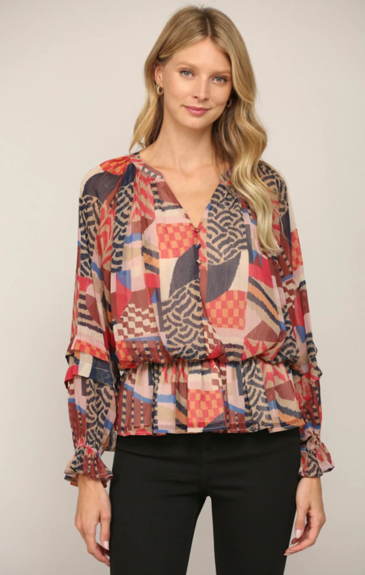 Abstract Print Chiffon Shirred Waist Blouse