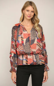 Abstract Print Chiffon Shirred Waist Blouse