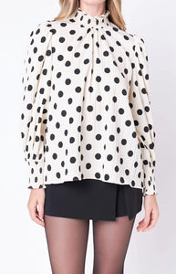 Polka Dot Smock Neck Blouse-Ivory