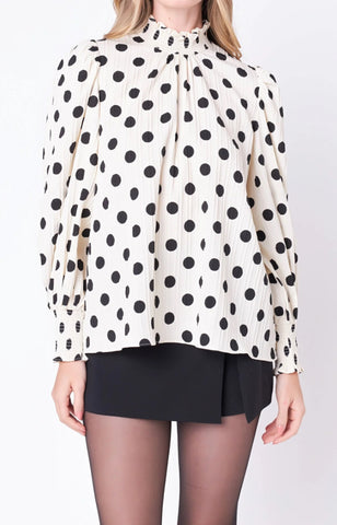 Polka Dot Smock Neck Blouse-Ivory