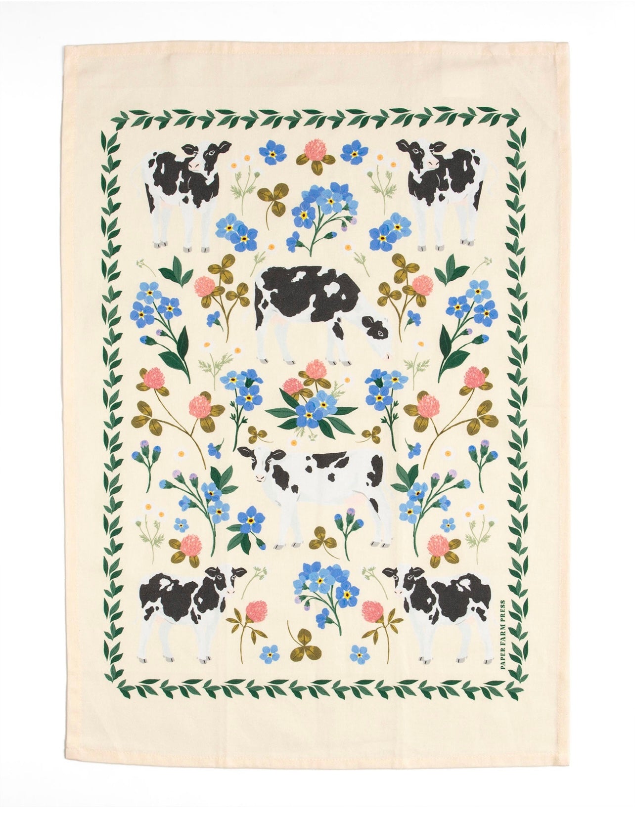 Milk Cows Folk Floral Tea Towel