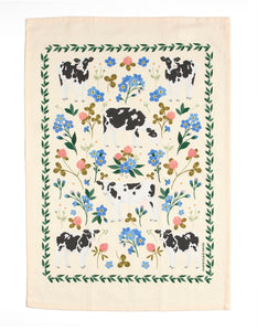 Milk Cows Folk Floral Tea Towel