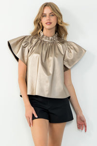 Flutter Sleeve Leather Top-Gold