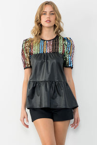 Sequin Detail Tiered Leather Top