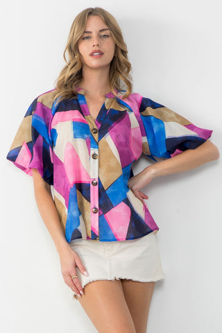 Puff Sleeve Button Up Print Top