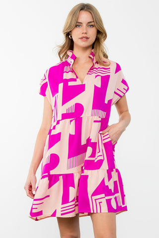 Short Sleeve Print Midi Dress-Magenta