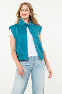 Striped Textured Zip Up Vest-Teal