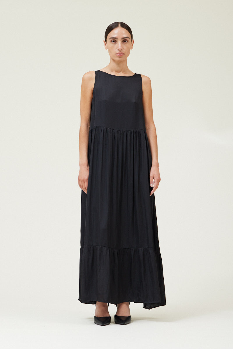 SATIN TIERED MAXI DRESS-BLACK