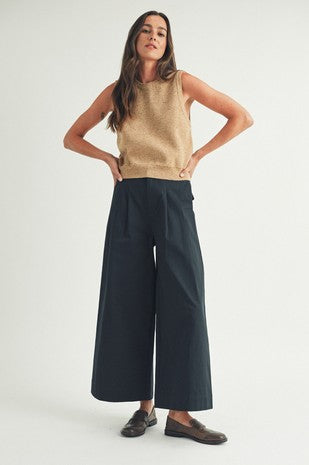 Navy Pleated Wide-Leg Pants