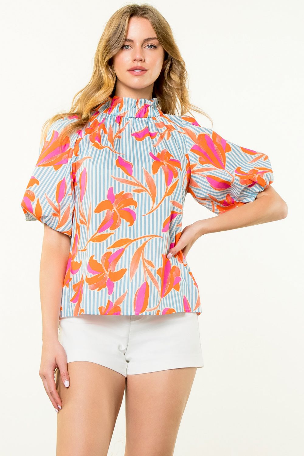 Puff Sleeve Floral Striped Top-Light Blue