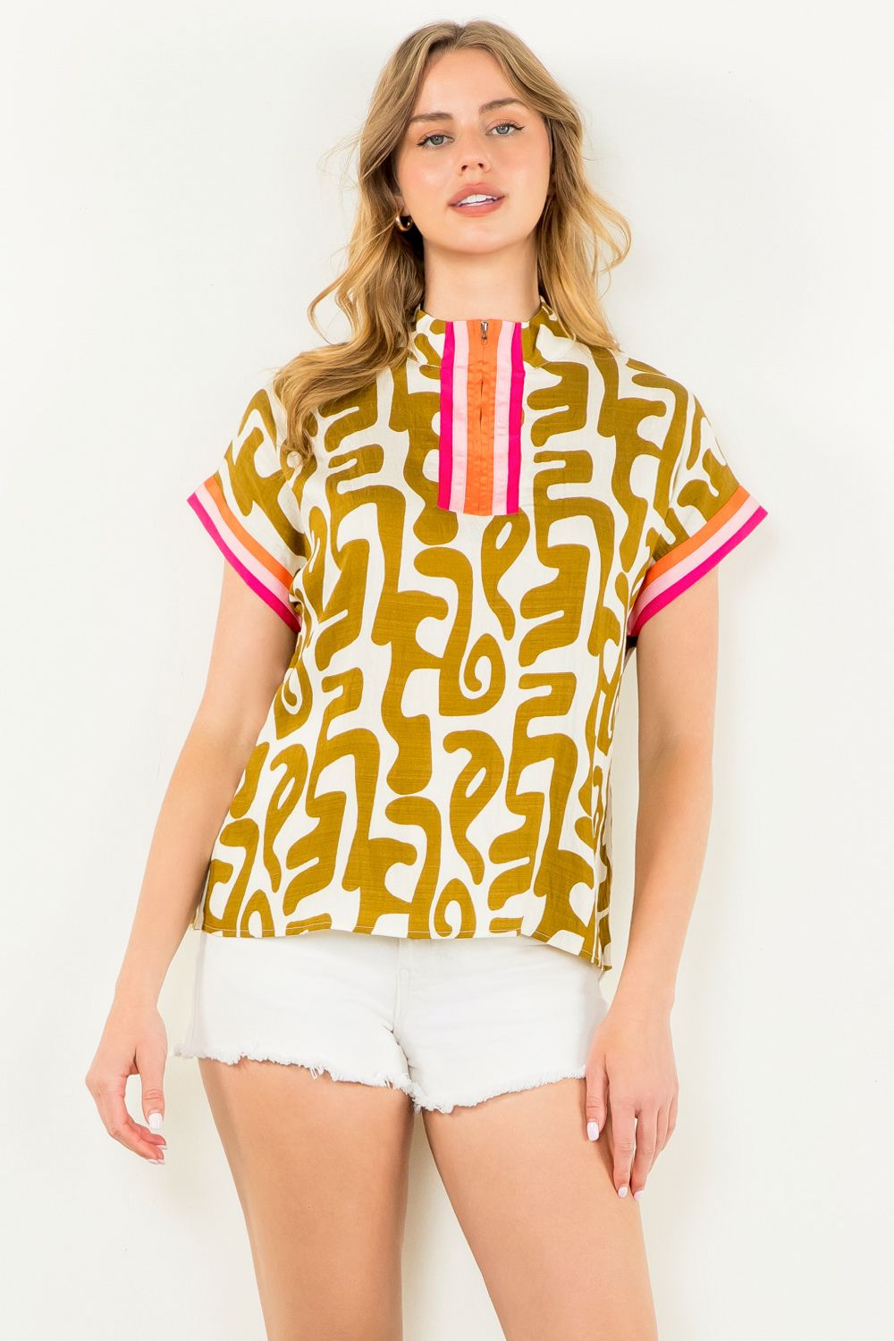Short Sleeve Print Top-Mustard