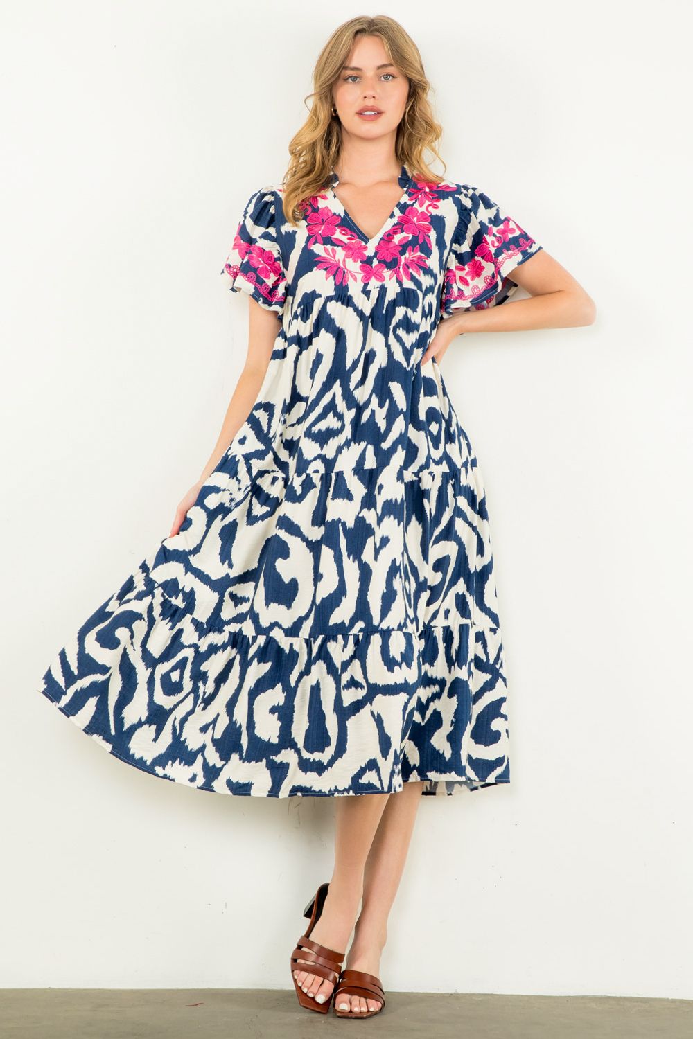 Embroidered Detail Print Tiered Dress-Navy
