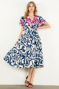 Embroidered Detail Print Tiered Dress-Navy