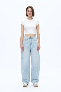SUPER HIGH RISE PIECED BARREL LEG DENIM JEANS