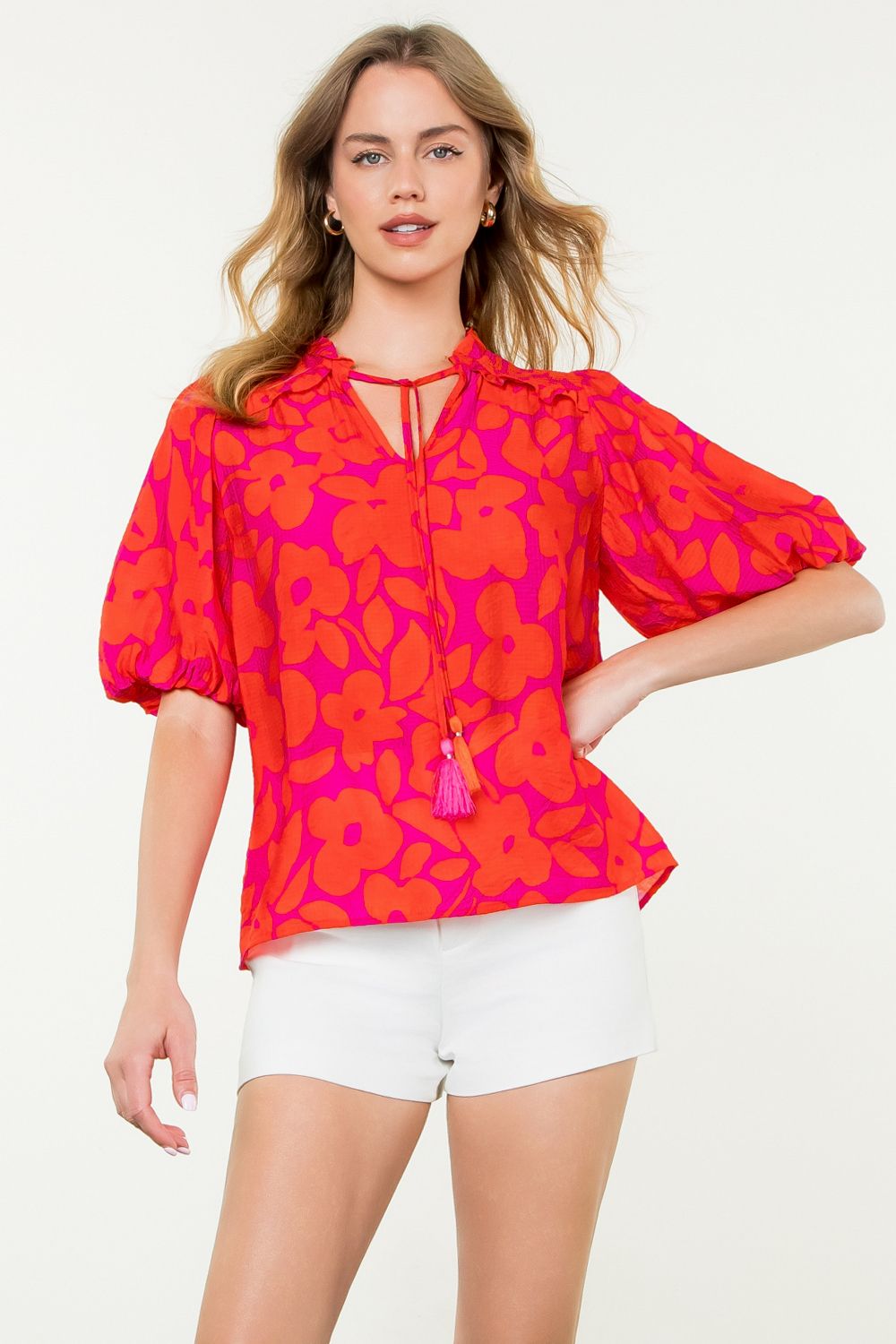 Puff Sleeve Floral Tassel Tie Blouse