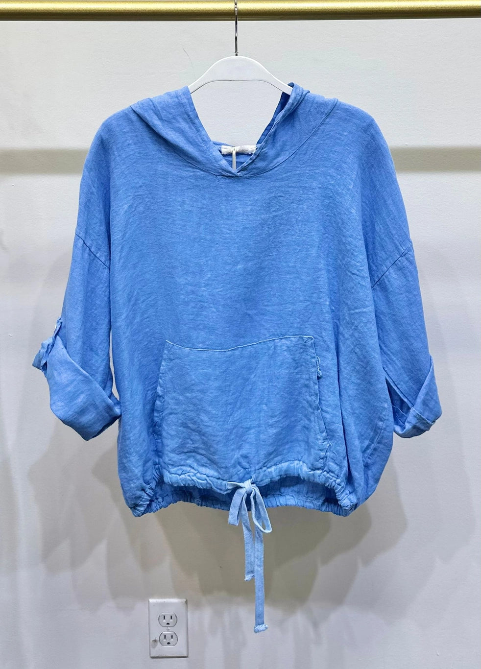 Crinkle Linen Hooded Top with Tie Hem