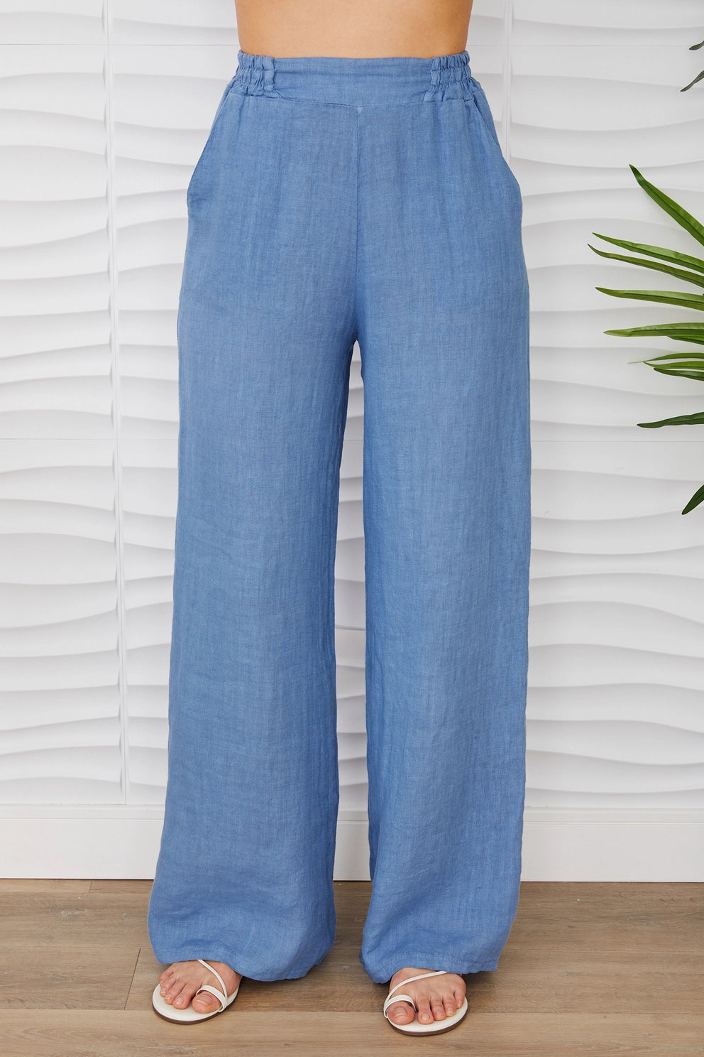 Linen Flat Front Elastic Waist Wide Leg Pant