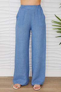 Linen Flat Front Elastic Waist Wide Leg Pant
