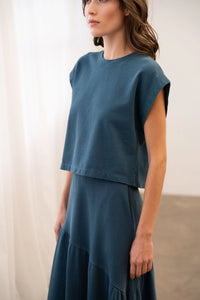 Boxy Cropped Crew Neck Top-Dream Blue