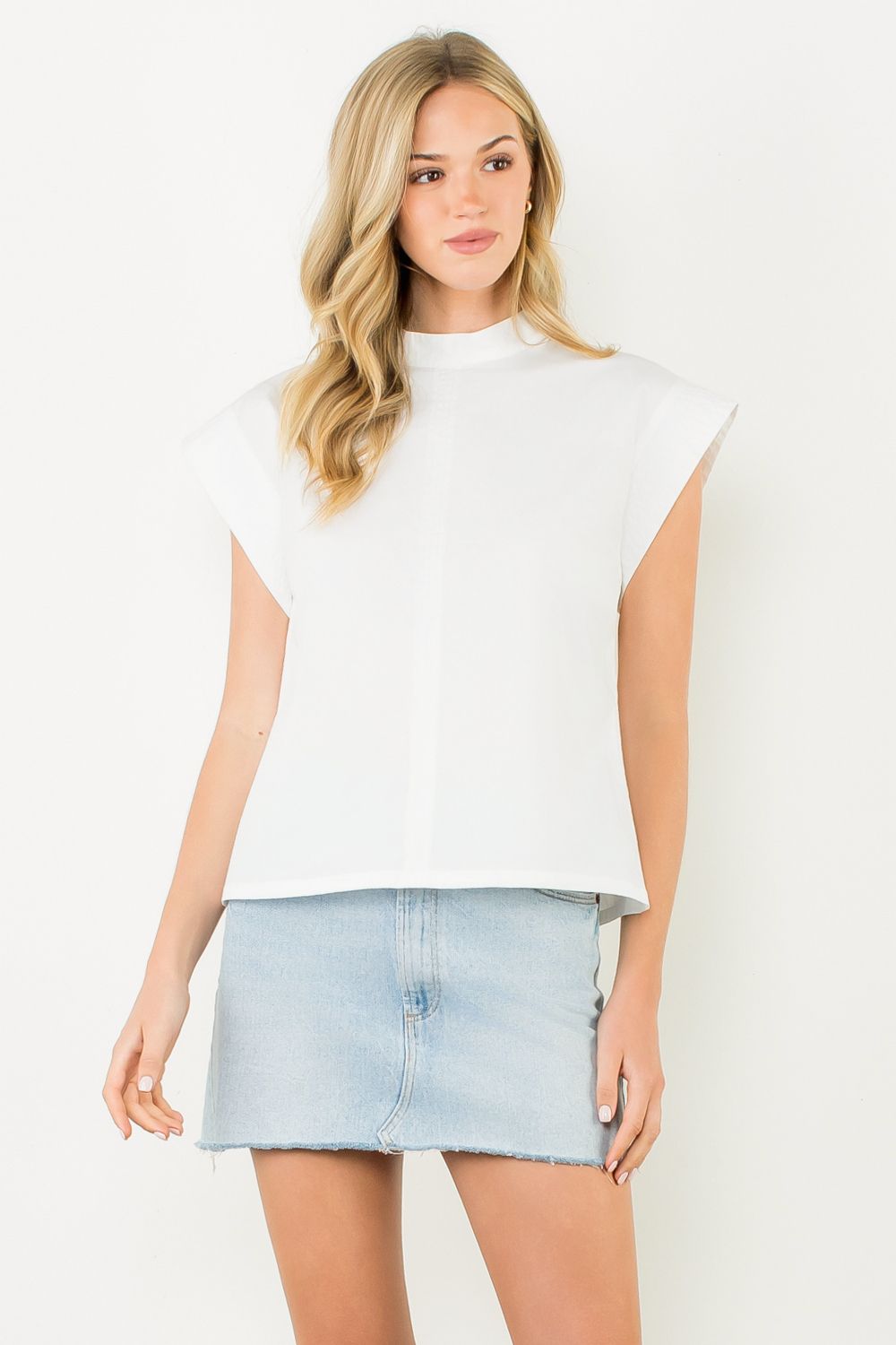 Mock Neck Quilted Sleeve Top-White
