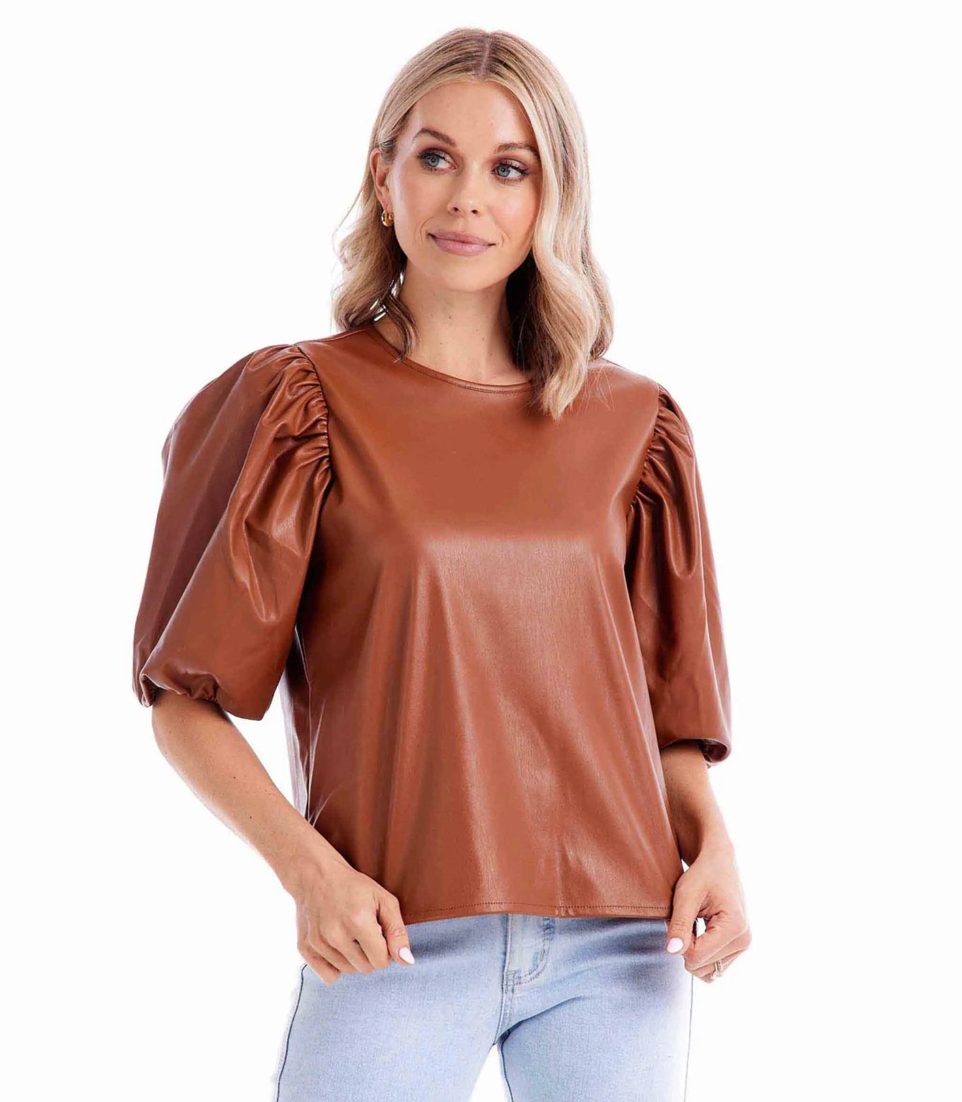 LEMY FAUX LEATHER TOP-BROWN
