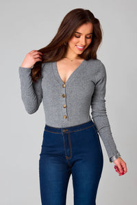 HOLLY LONG SLEEVE BUTTON UP BODYSUIT - GREY