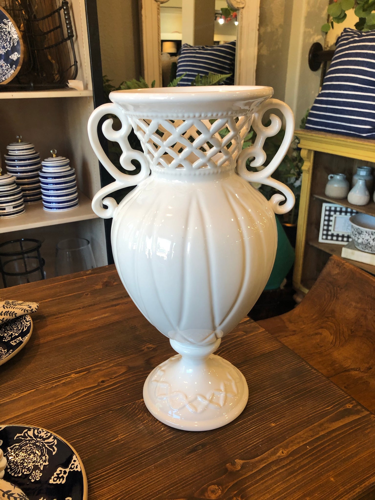 White Ceramic Vase With Ornate Rim